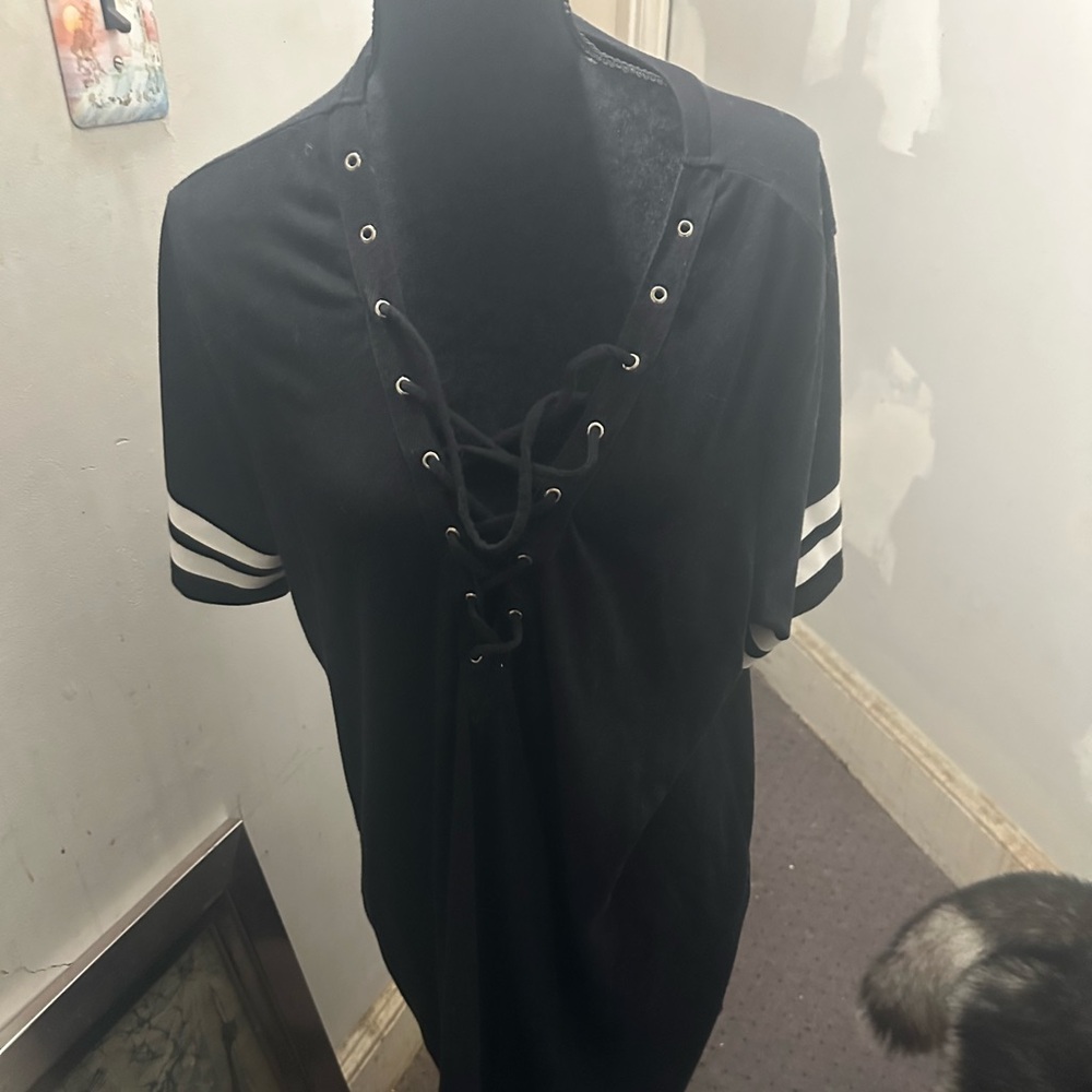 Forever 21+ Black Short Sleeved Dress with 2 White Stripes on Sleeves